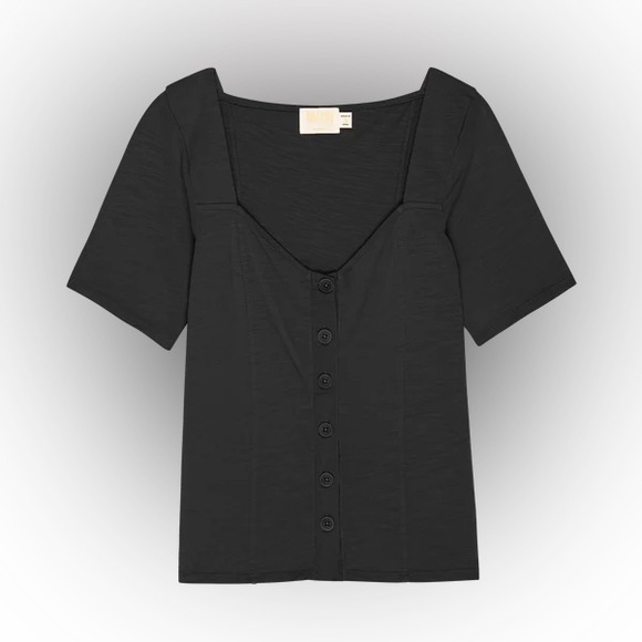 Nation LTD Marcella Button Front Sweetheart Neckline Short Sleeve Top in Black - Picture 9 of 13